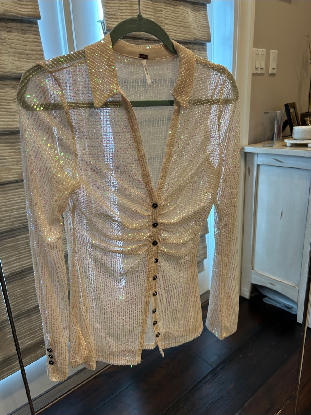 FREE PEOPLE- Sequin Ruched Button-Front Womens Top - Pink - Picture 5 of 6